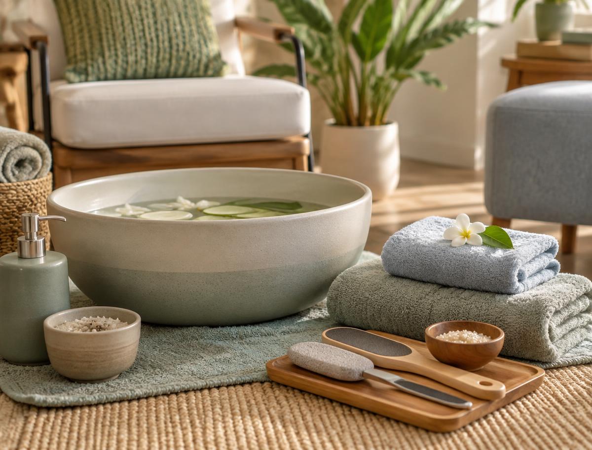 A welcoming pedicure setup with towels and foot-care tools
