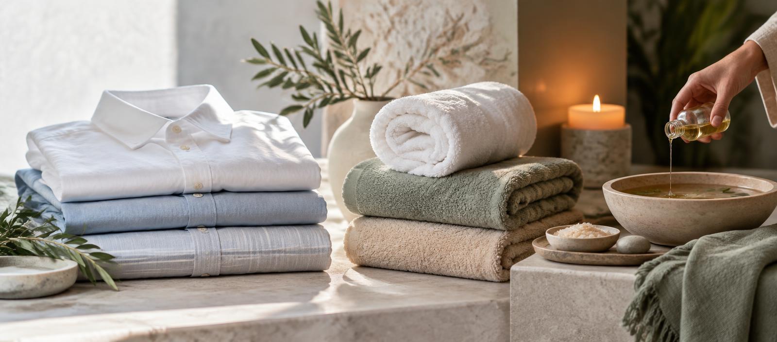 Folded clothing transitioning into soft spa towels